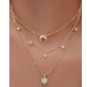 Gold Tone Rhinestone Heart Flowers Multilayer Necklace